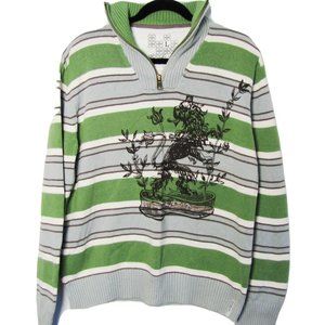 LION PRINT STRIPED ORGANIC COTTON ZIPPER COLLAR SWEATER
